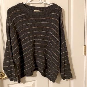 Grey sweater with light pink, silver stripes